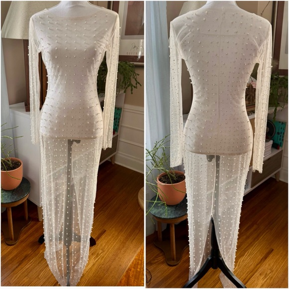 Pearl Rhinestone Embellished Sheer Mesh Maxi Dress - Picture 3 of 13